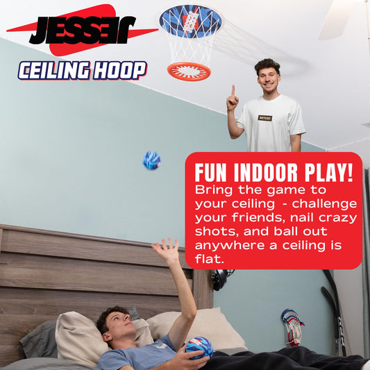 Jesser ceiling hoop soft foam basketballs for safe indoor play.