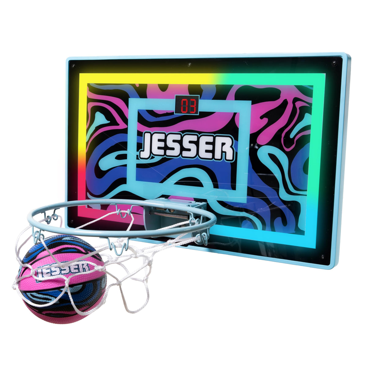 Jesser hoop over the door mini basketball setup for quick at-home play.