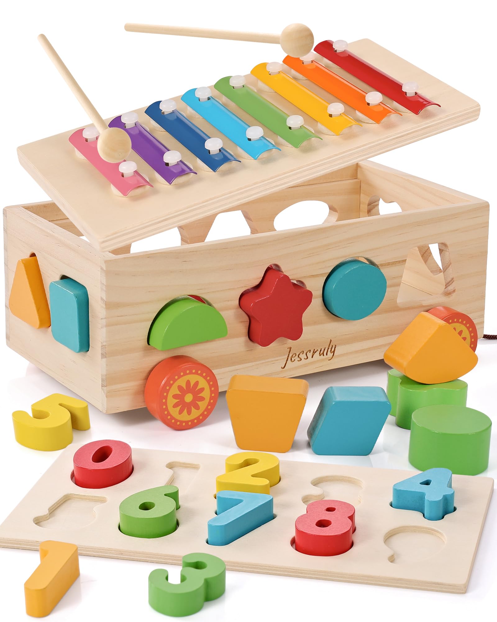 Jessruly Shape Sorter wooden blocks for shape matching and early sorting skills.