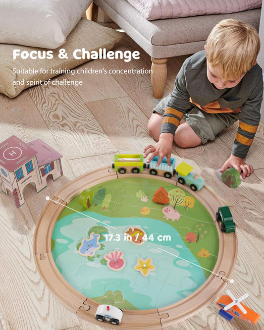 Jessruly wooden train track set bridge and cars promote storytelling and motor skills.