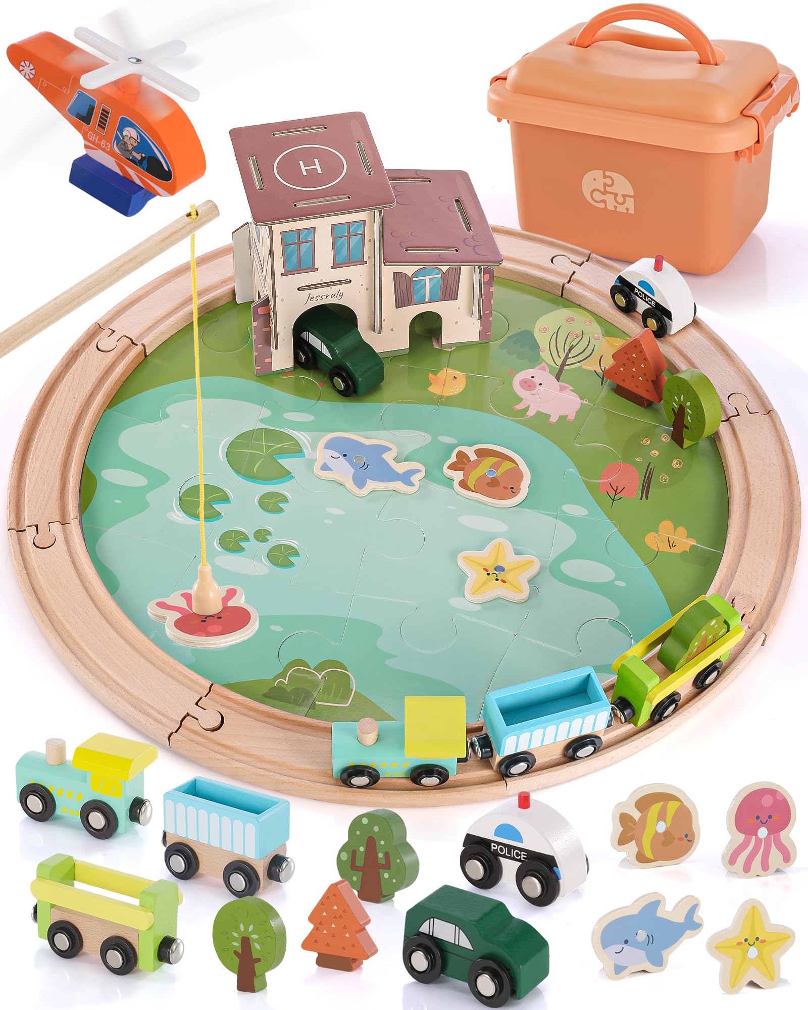Jessruly wooden train track set full play layout highlights imaginative play opportunities.