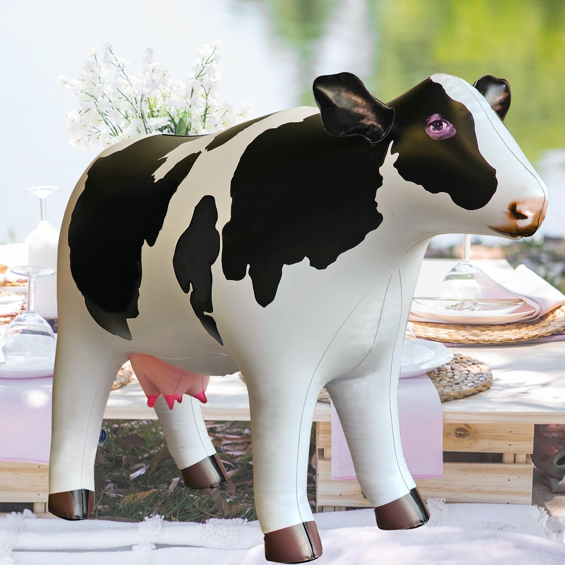 Jet Creations cow inflatable showcases colorful imprints for lifelike charm.