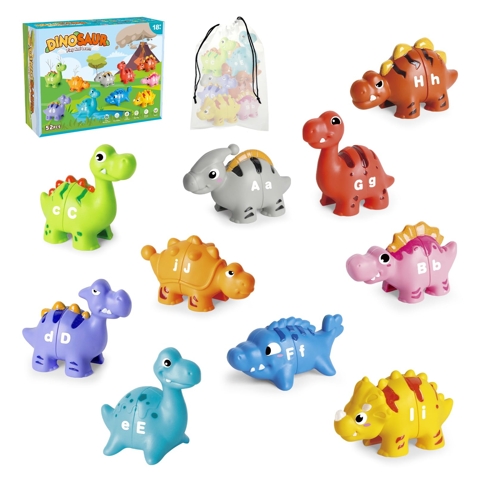 Jetbotell dinosaur alphabet buddies with bag for easy cleanup and portability.