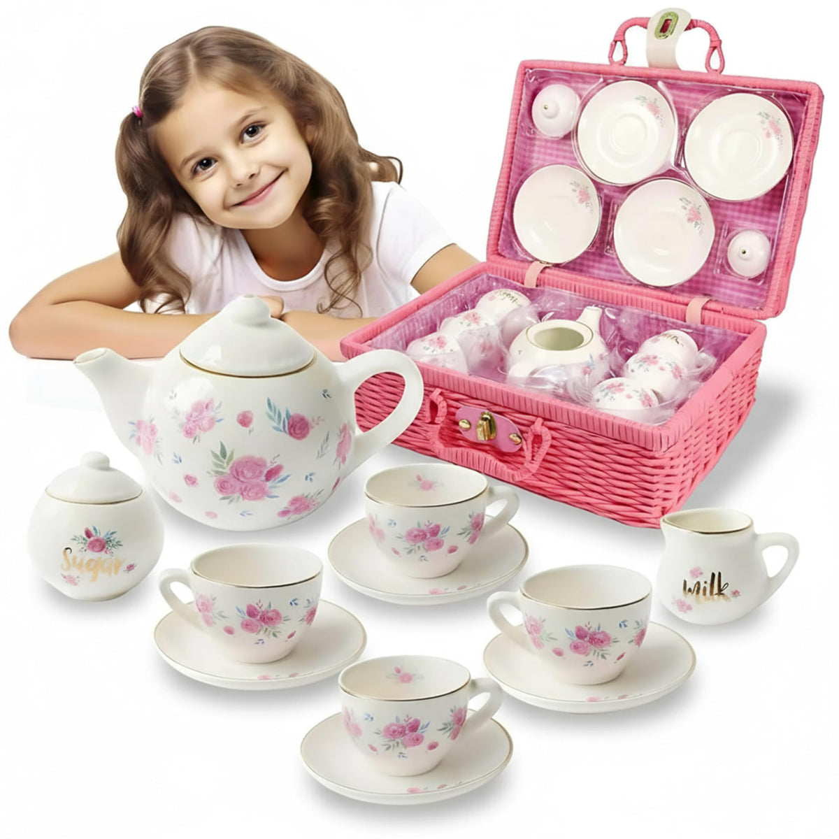 Jewelkeeper porcelain tea set teacups for imaginative play and tea parties