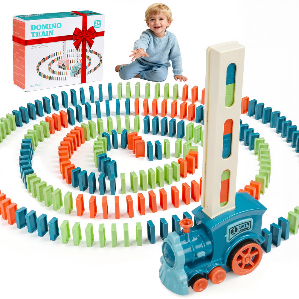 JGLXF domino train set in blue with colorful blocks for creative play.