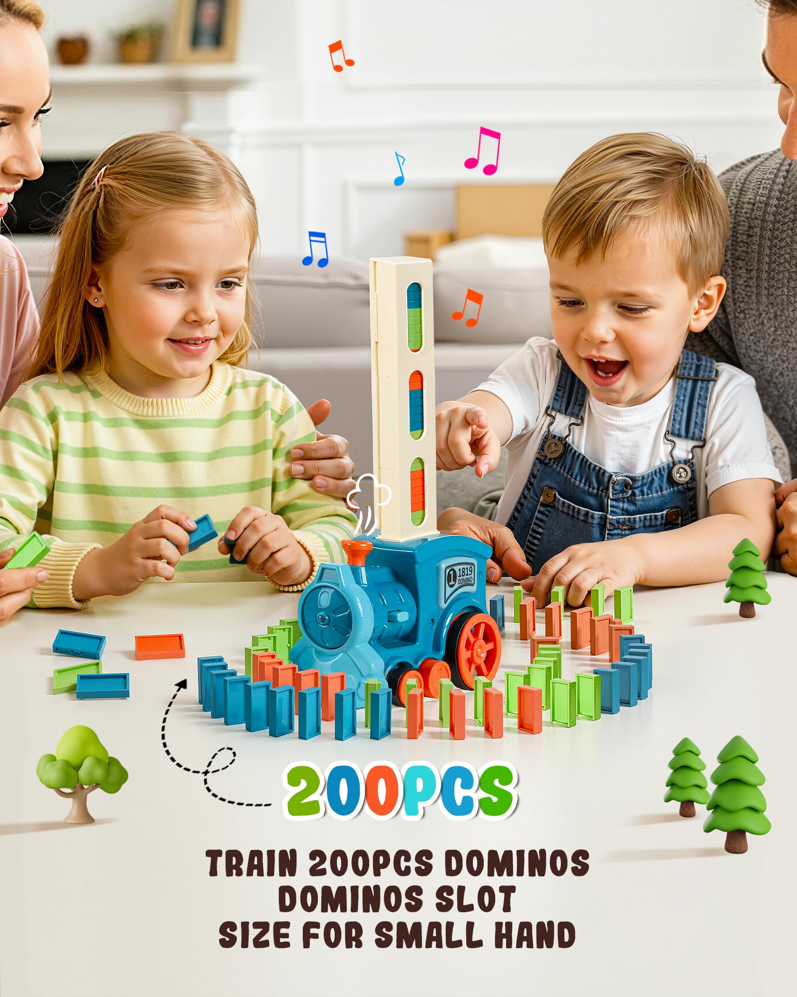 JGLXF domino train assembly scene showing colorful pieces.