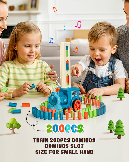 JGLXF domino train assembly scene showing colorful pieces.