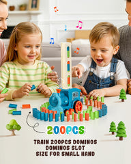 JGLXF domino train assembly scene showing colorful pieces.