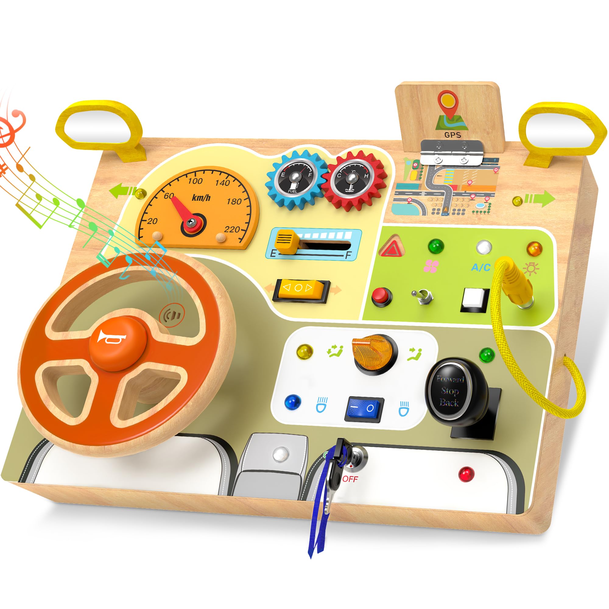 JGOBUB Montessori busy board driving dashboard for hands-on exploration and motor skills.