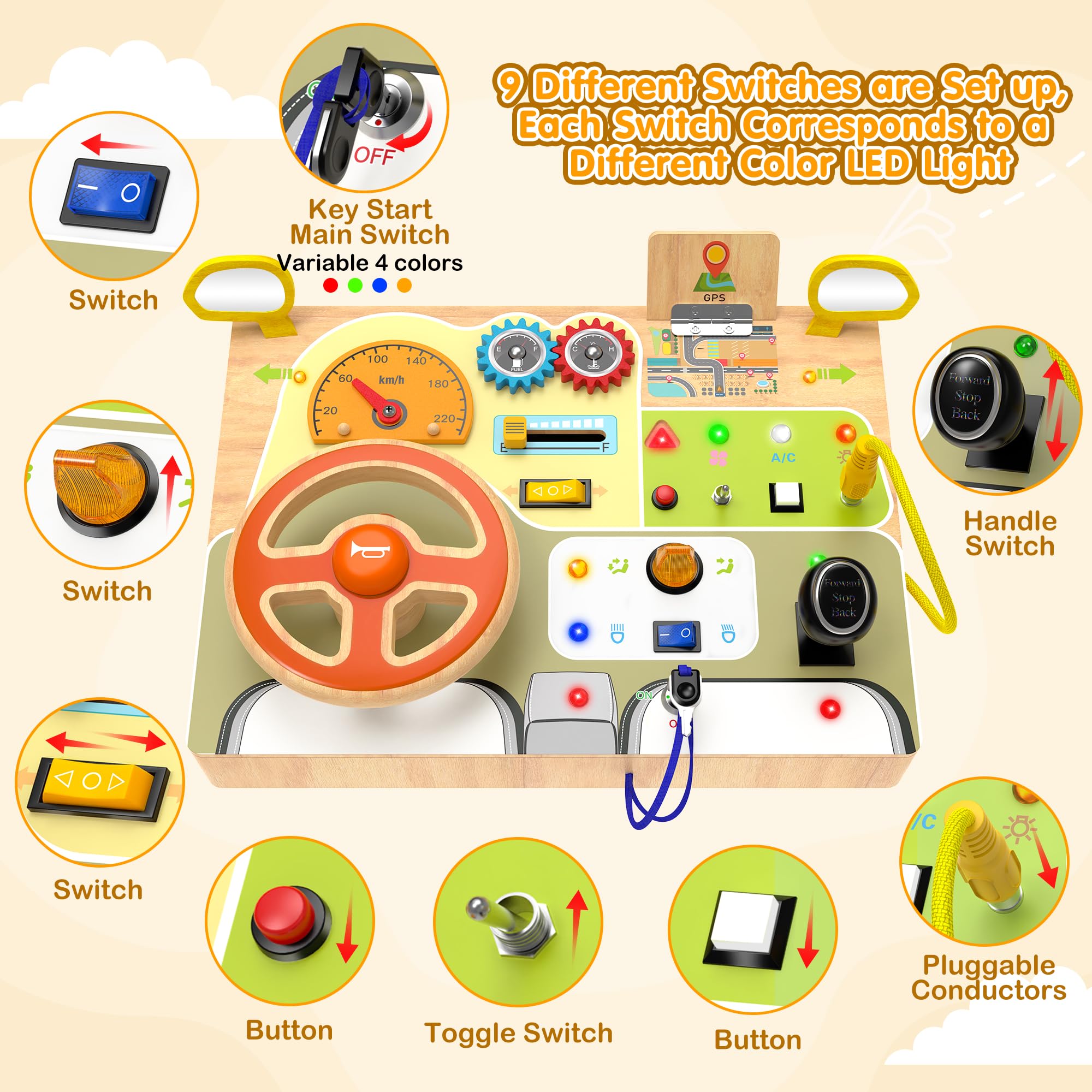 Ignition switch section on the busy board promotes precise button press and cause-and-effect play.