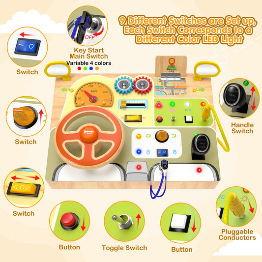 Ignition switch section on the busy board promotes precise button press and cause-and-effect play.