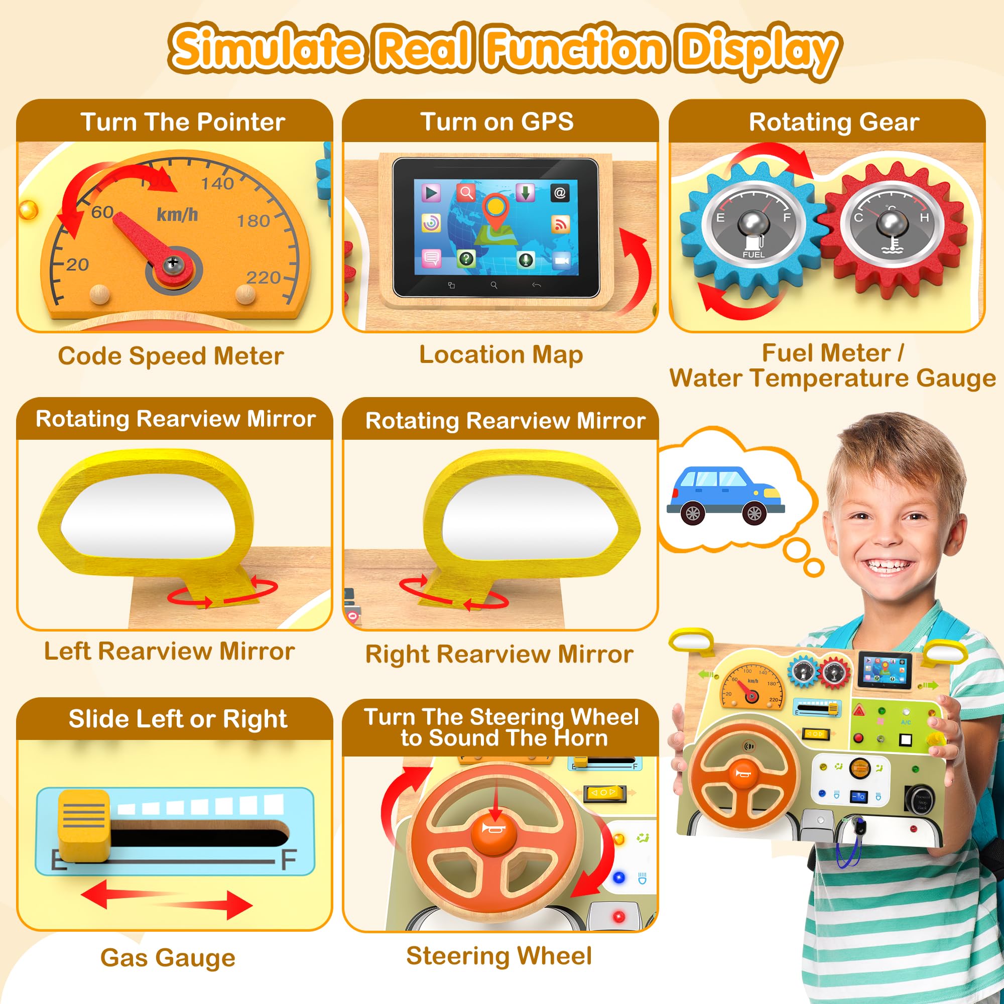 Steering wheel and lever on the busy board invite active pretend driving play.