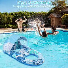 JGV relaxing float at lake or beach with canopy and padded headrest.