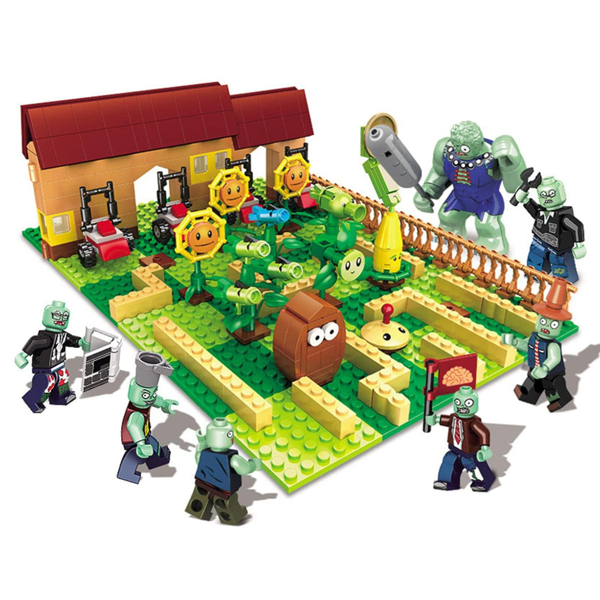JHESAO Plants Zombies assembly figures set 1-2 forming a big imaginative scene.