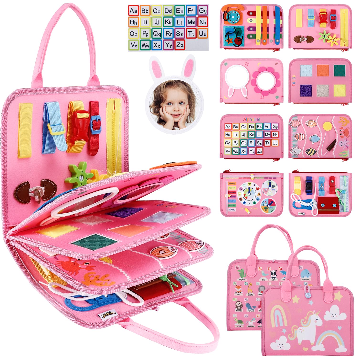 JHkim Busy Board with 8 pages, travel-friendly for toddlers, engaging on the go