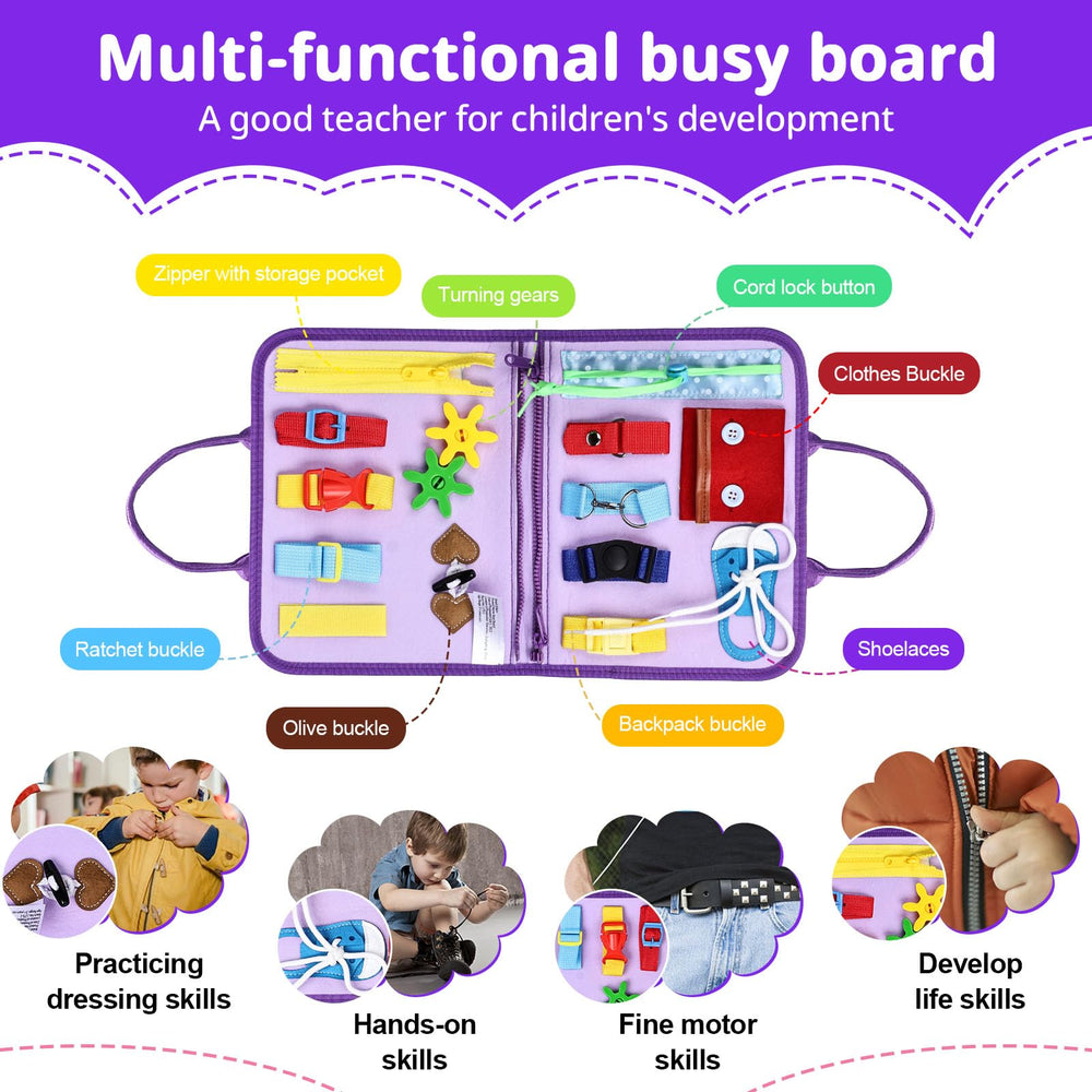JHkim Busy Board dress page promotes fine motor skills during rides.