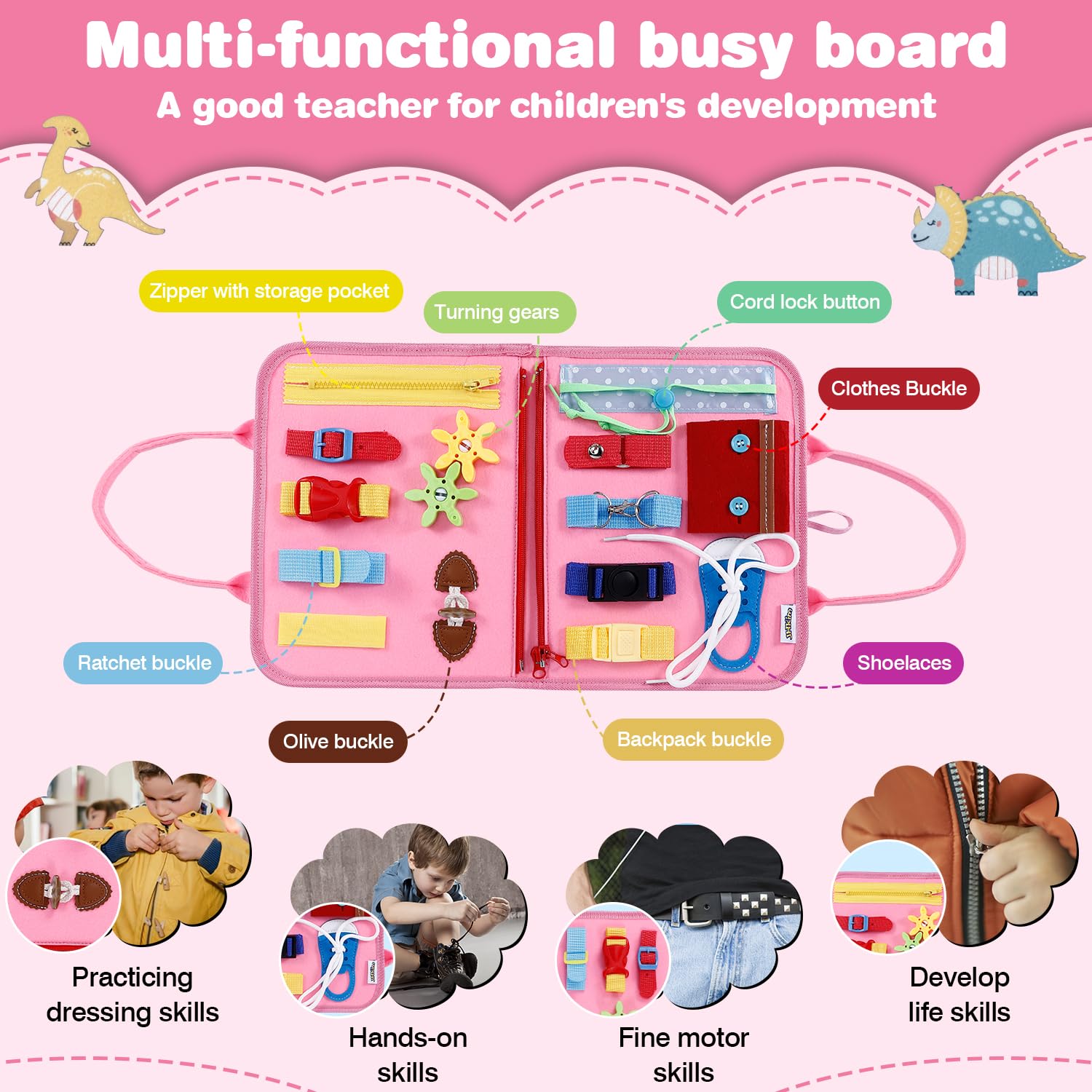 JHkim Busy Board featuring shoelaces and belts for hands-on practice during travel