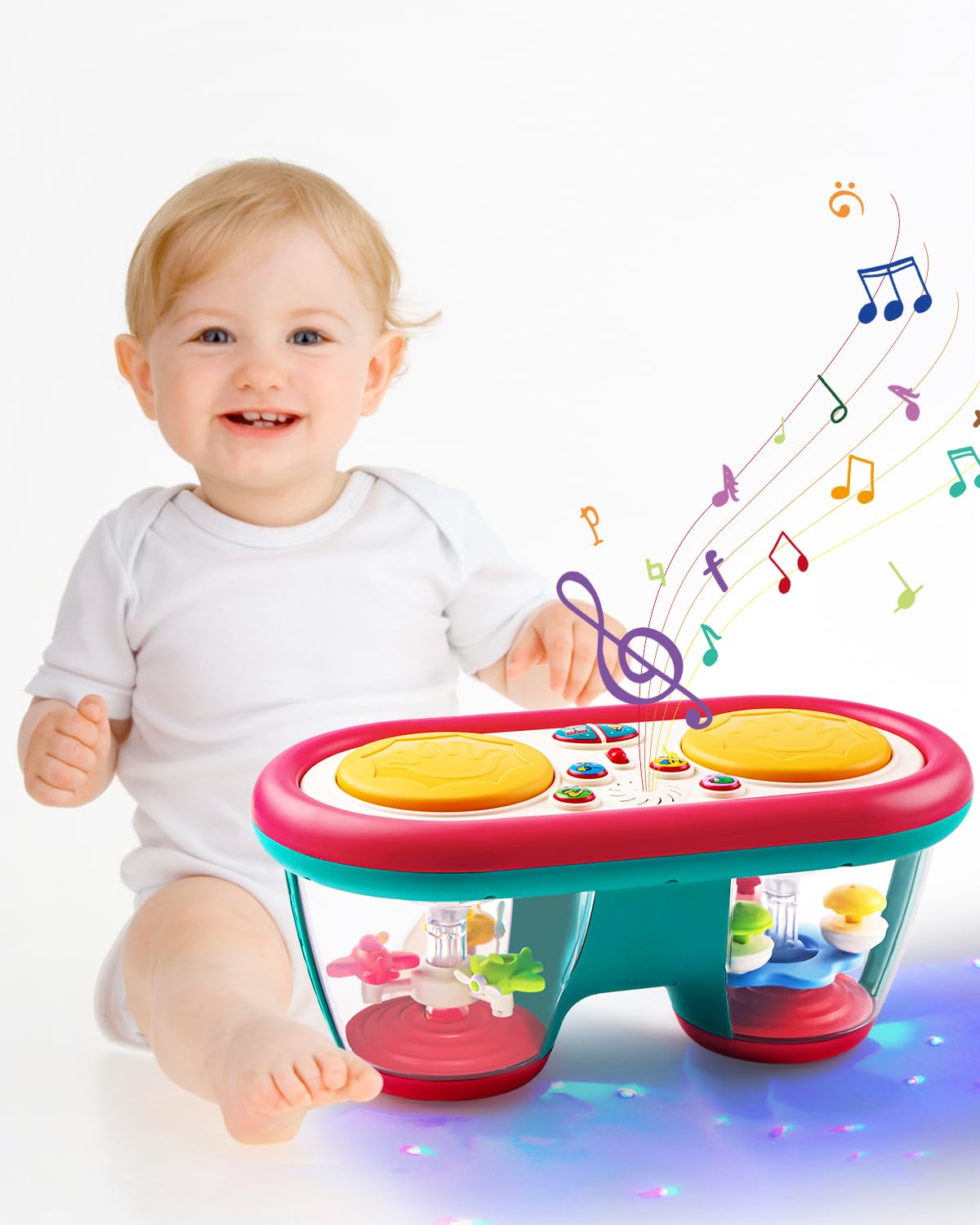 Jhoprcin rotating drum toy with lights supports visual and auditory play