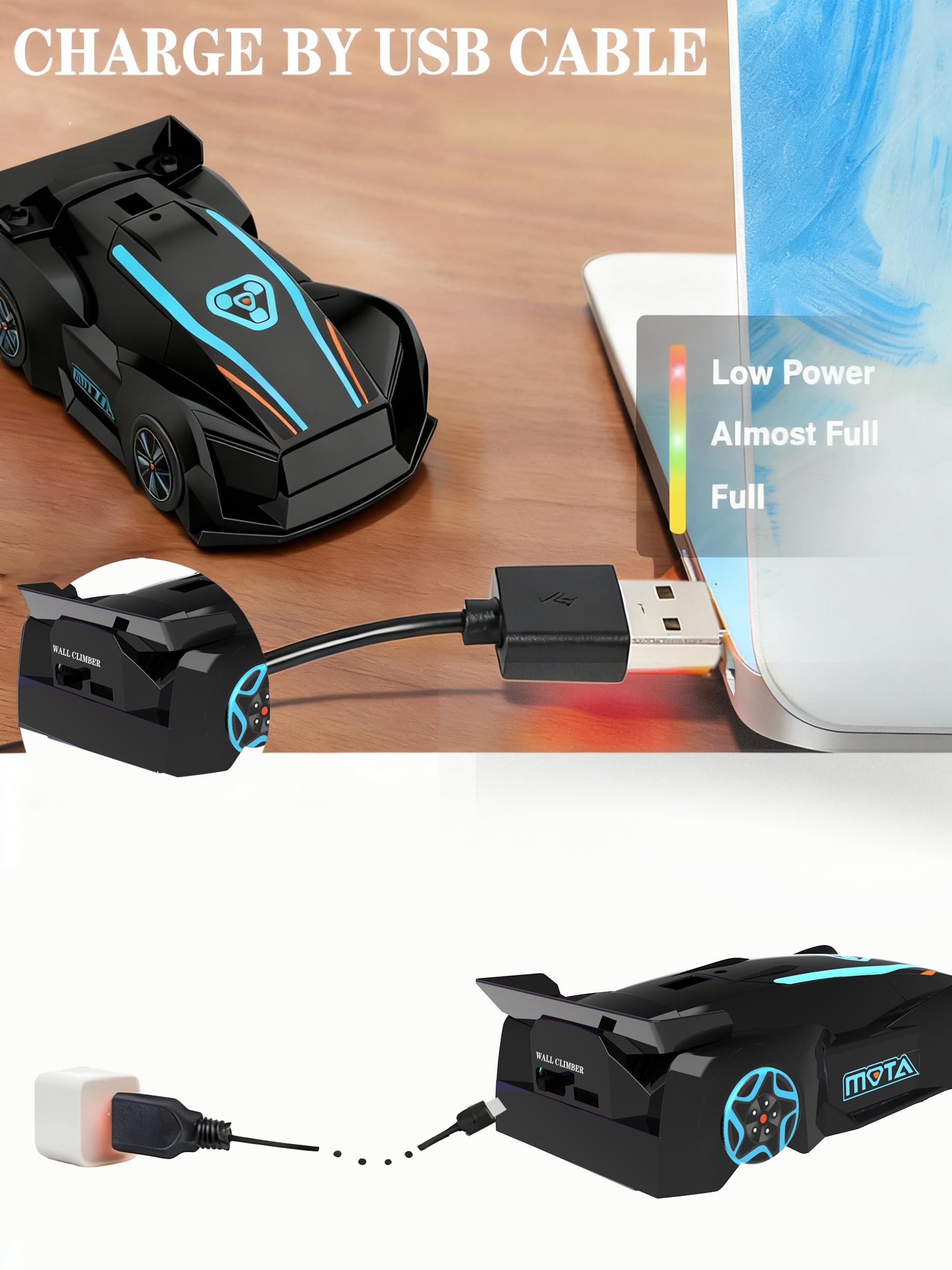 JICIFU wall-climbing RC car LED headlights enhance night stunt performance.