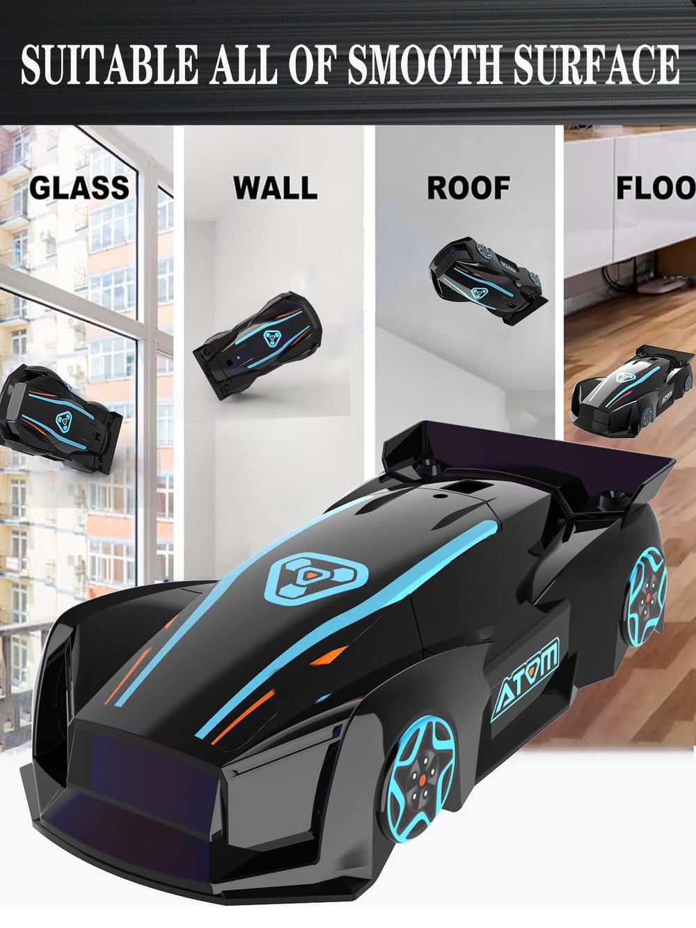 JICIFU wall-climbing RC car on wall demonstrates smooth climbing on a clean surface.