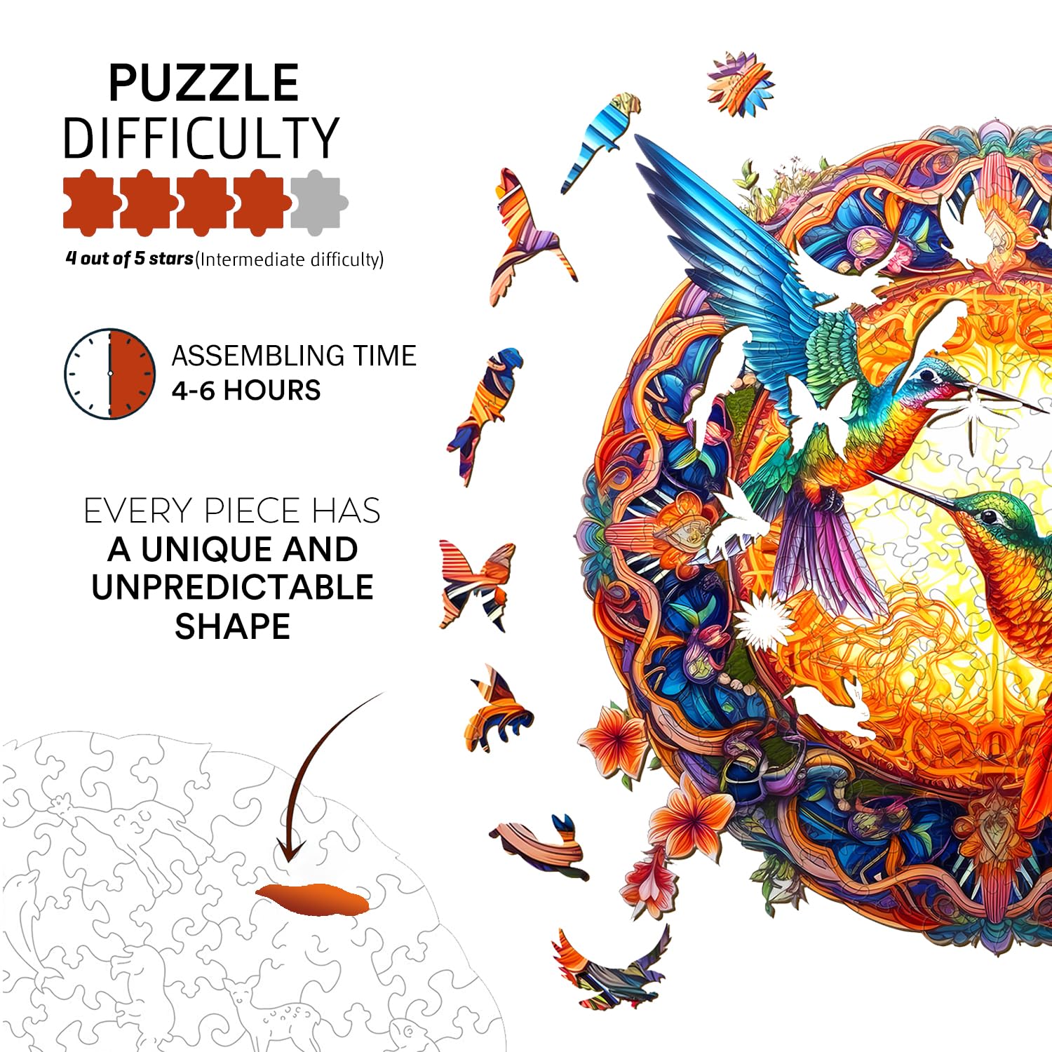 Jigfoxy hummingbird puzzle laser-cut detail reveals precise shapes for satisfying assembly.
