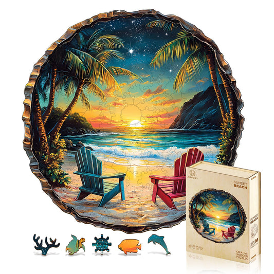 Jigfoxy sunset beach wooden puzzle, ideal for family evenings.