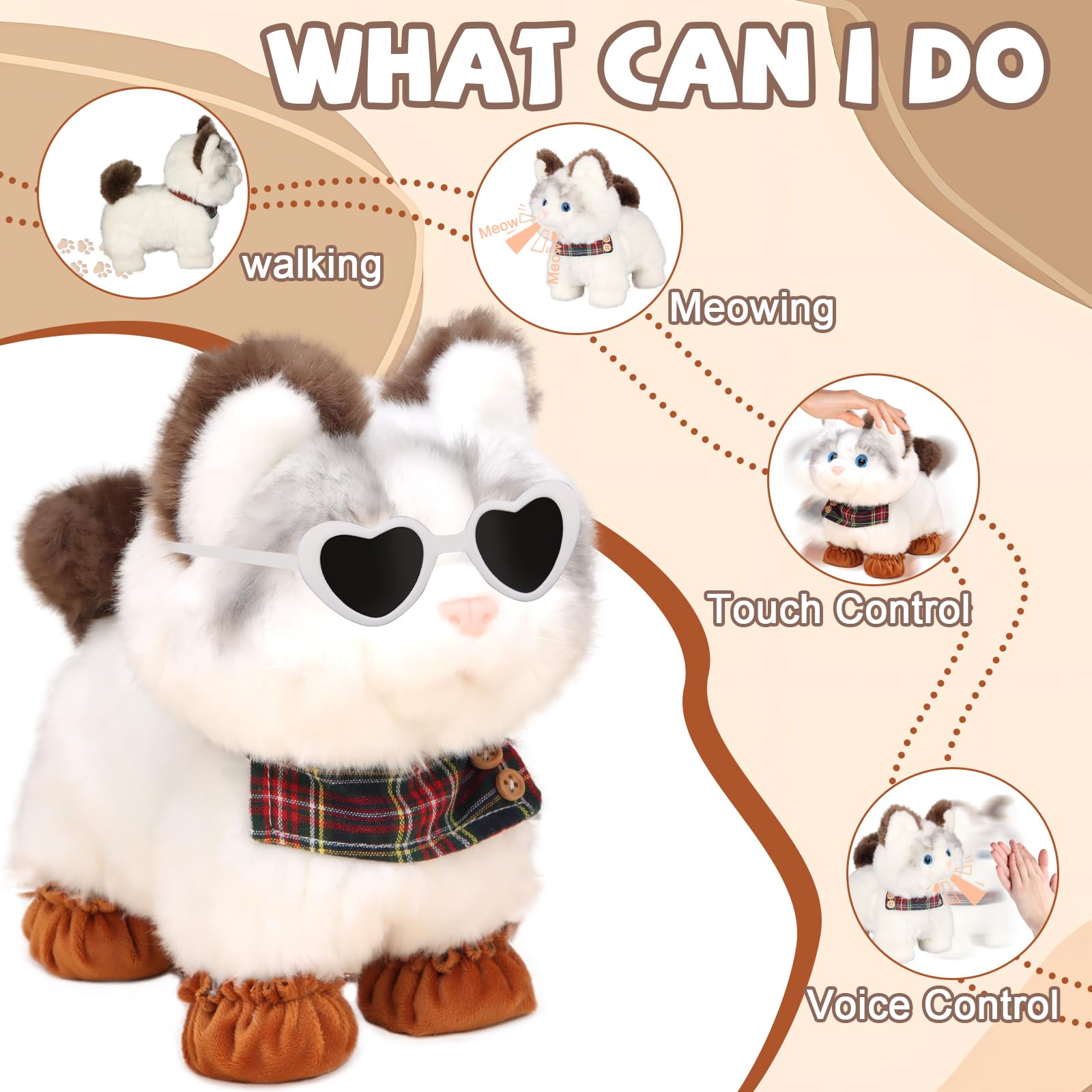 Jimate cat meows and tail wag for responsive pretend pet care.