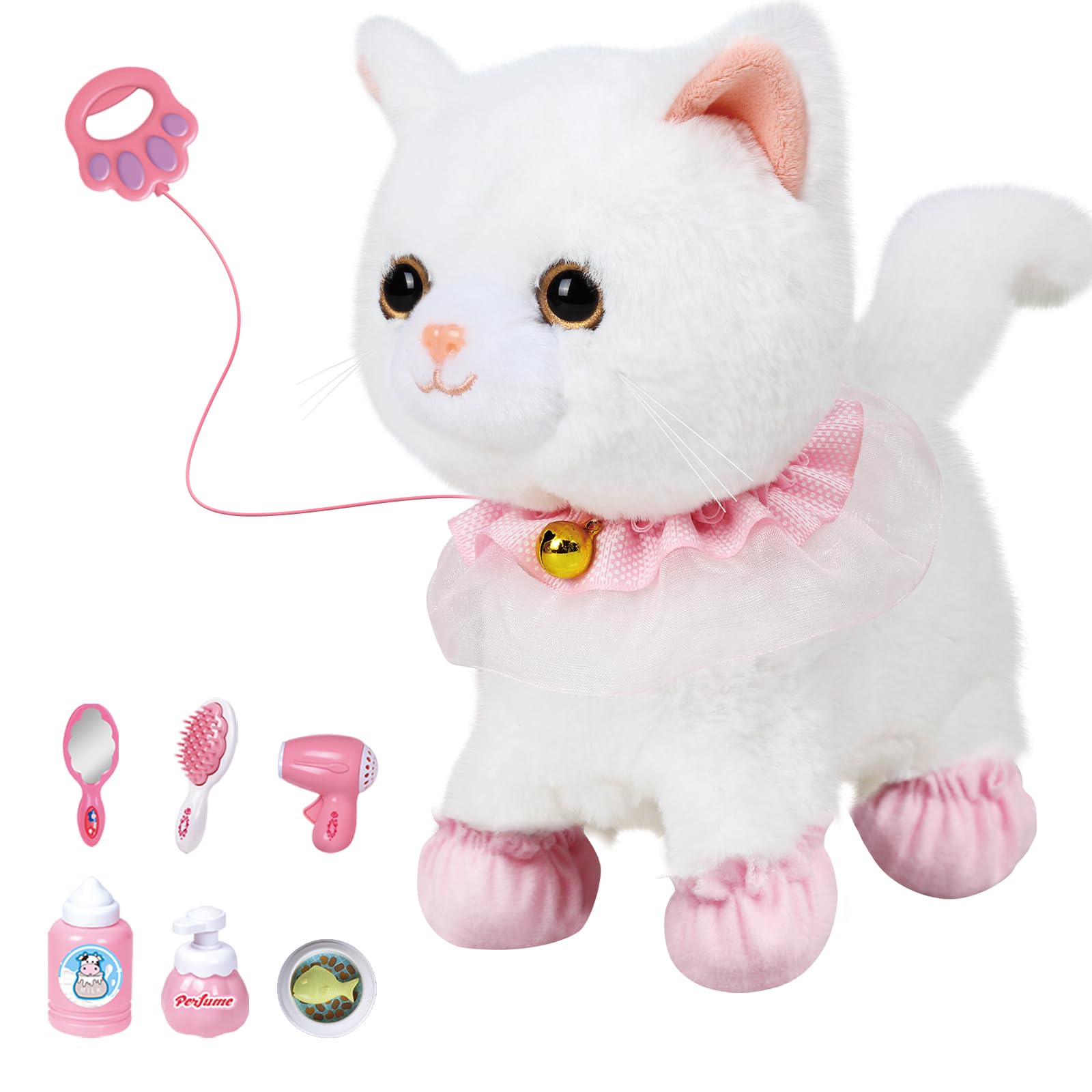 Jimate walking-barking cat toy in white, lifelike motion for engaging play