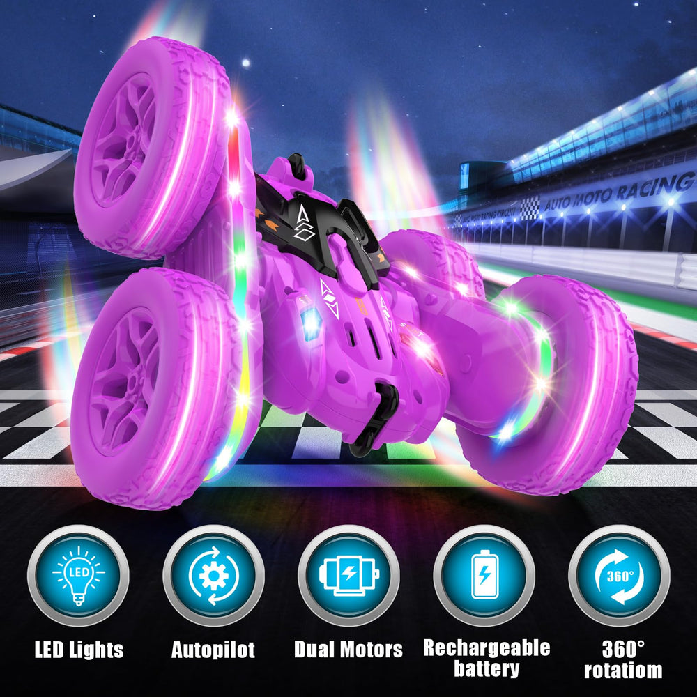 Jimdella RC car 360-degree flip action showing stunt capability and dynamic play.