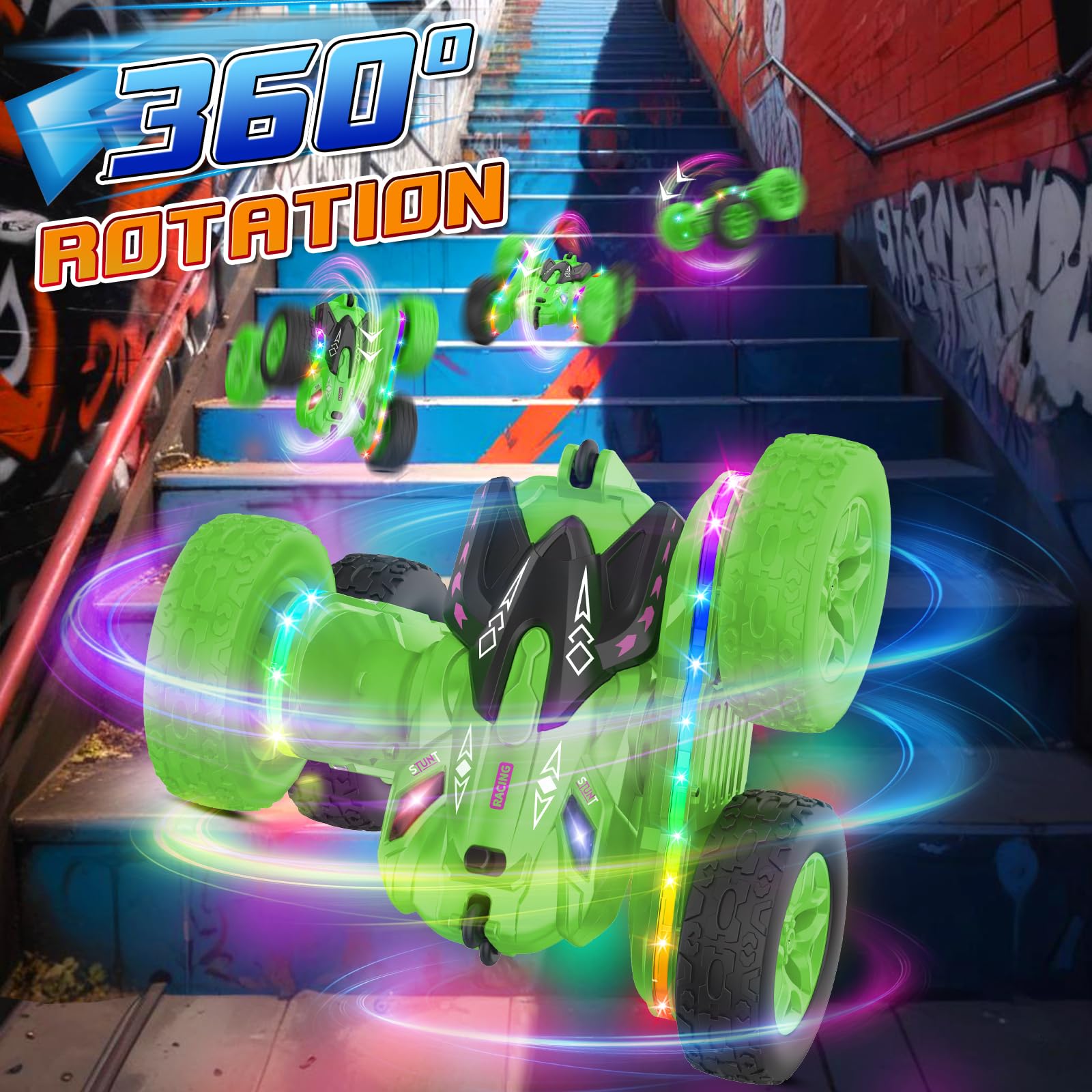 Jimdella stunt car performs 360 flips for dynamic play.
