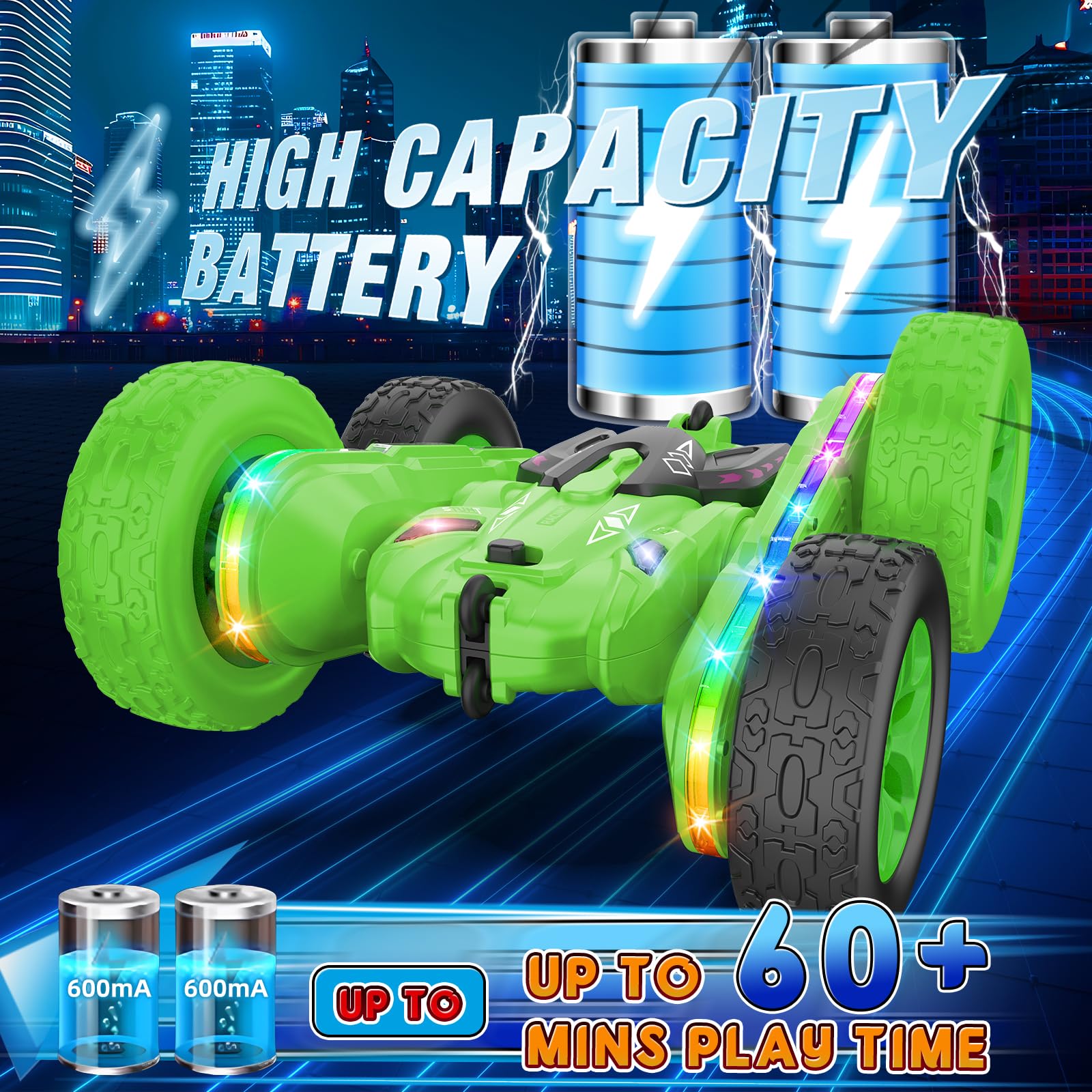 Jimdella RC car features durable anti-collision tires for rugged play.