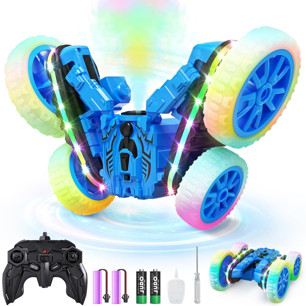 Jimdella RC car demonstrating 2-in-1 transform mode for backyard stunts