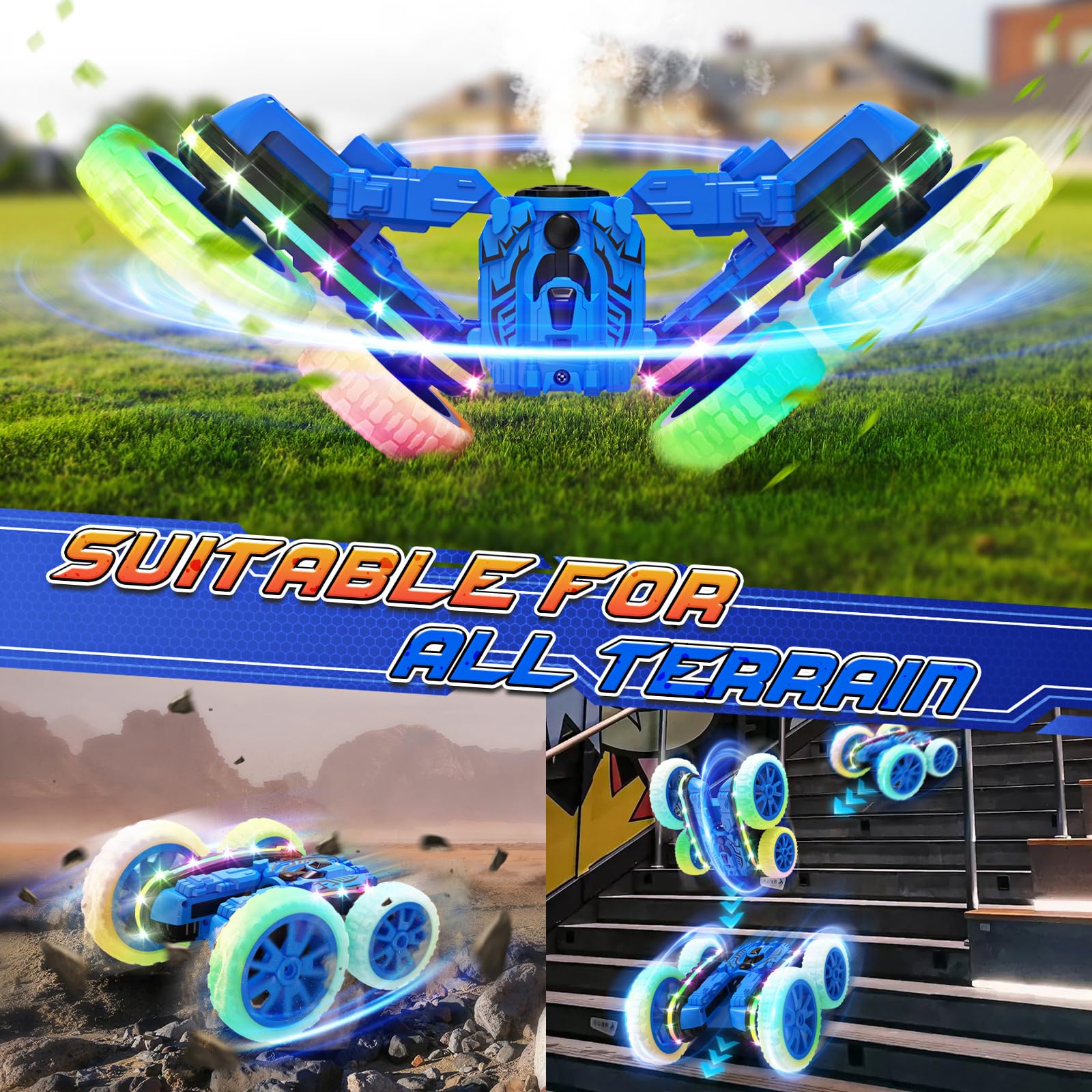 Jimdella RC car with rainbow LED lights creating bright trails
