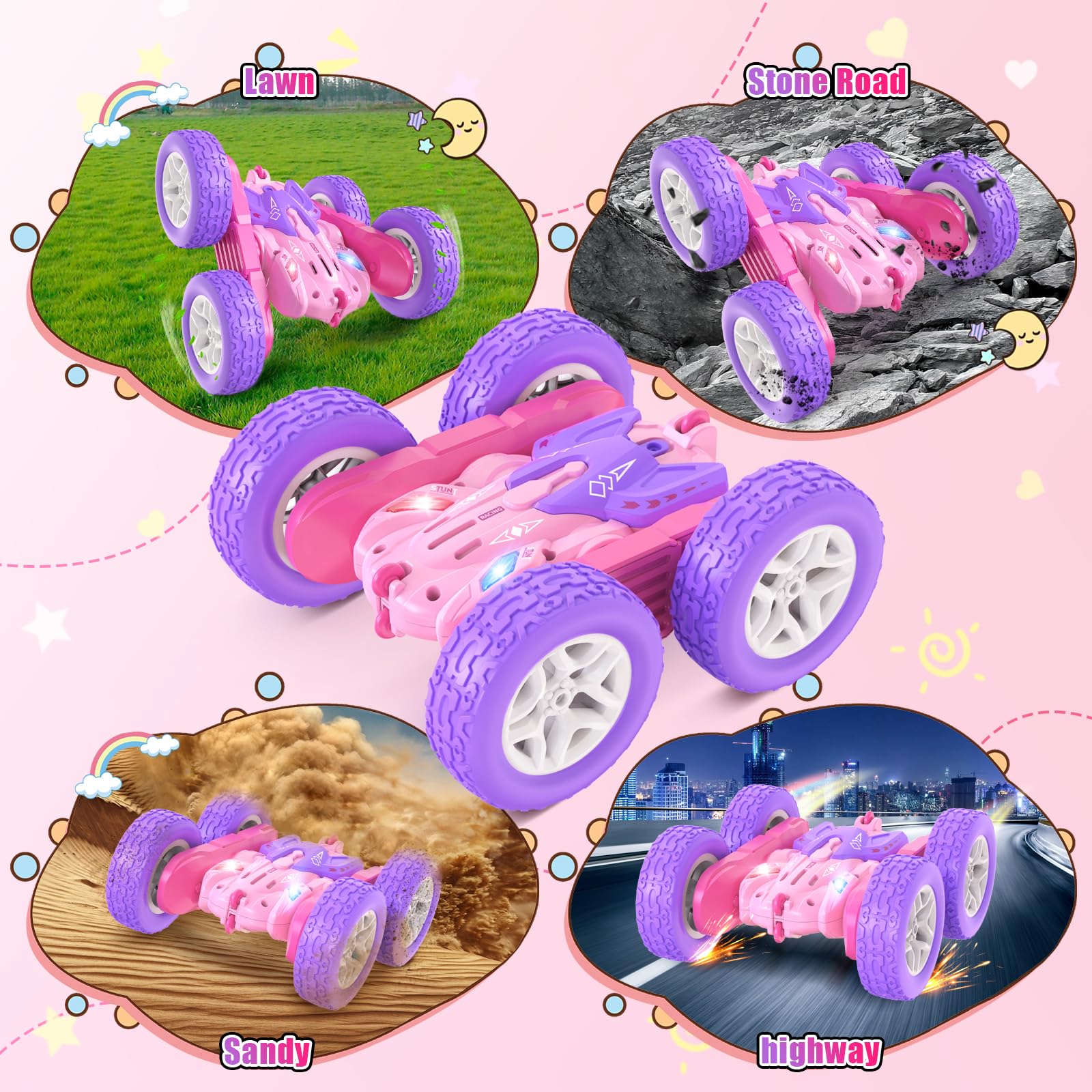 Jimdella RC stunt car interchangeable wheels boost creativity.