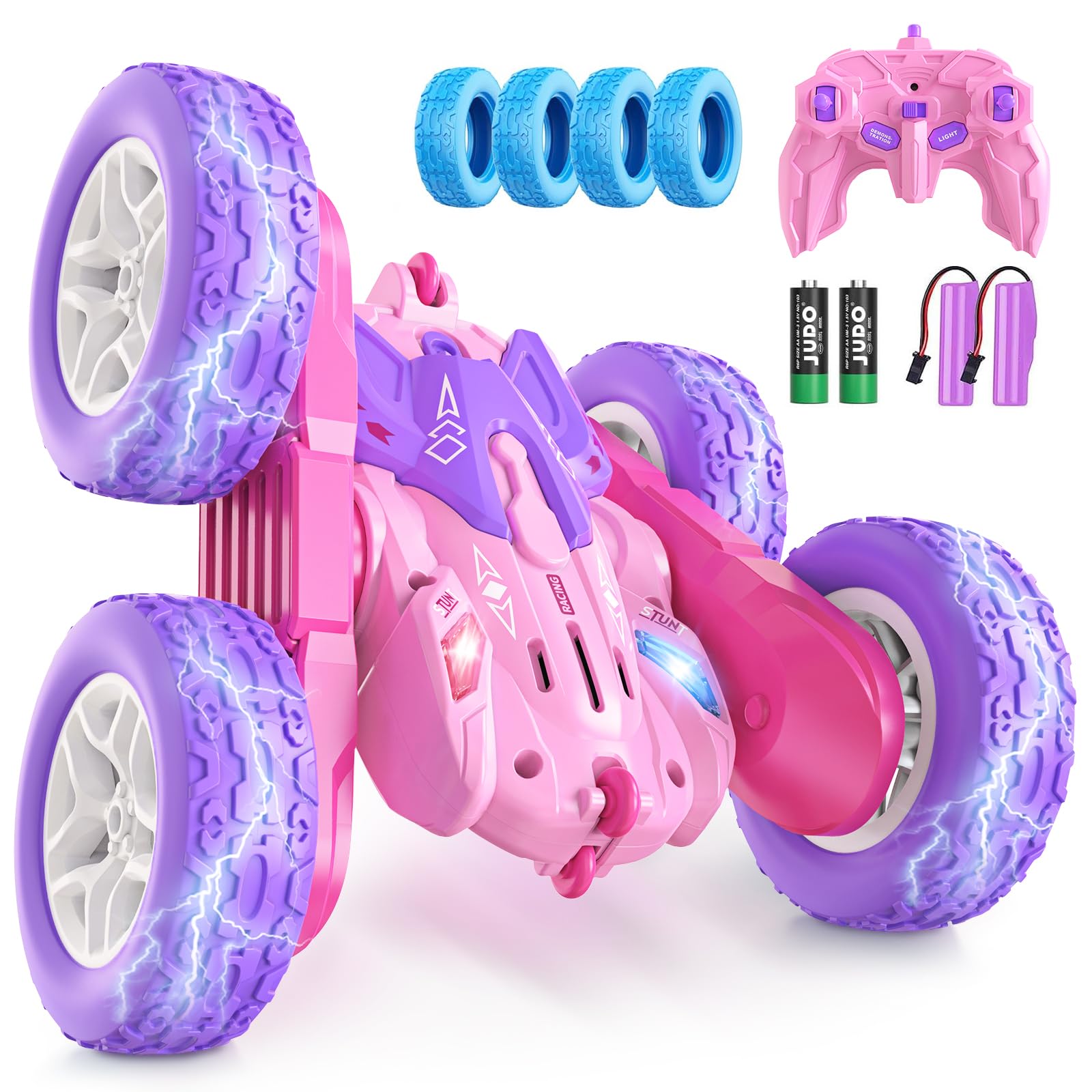 Jimdella RC stunt car pink front view for dynamic spins and racing fun.