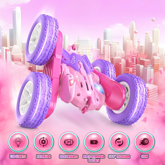 Jimdella RC stunt car pink side flip captures bold maneuvers.