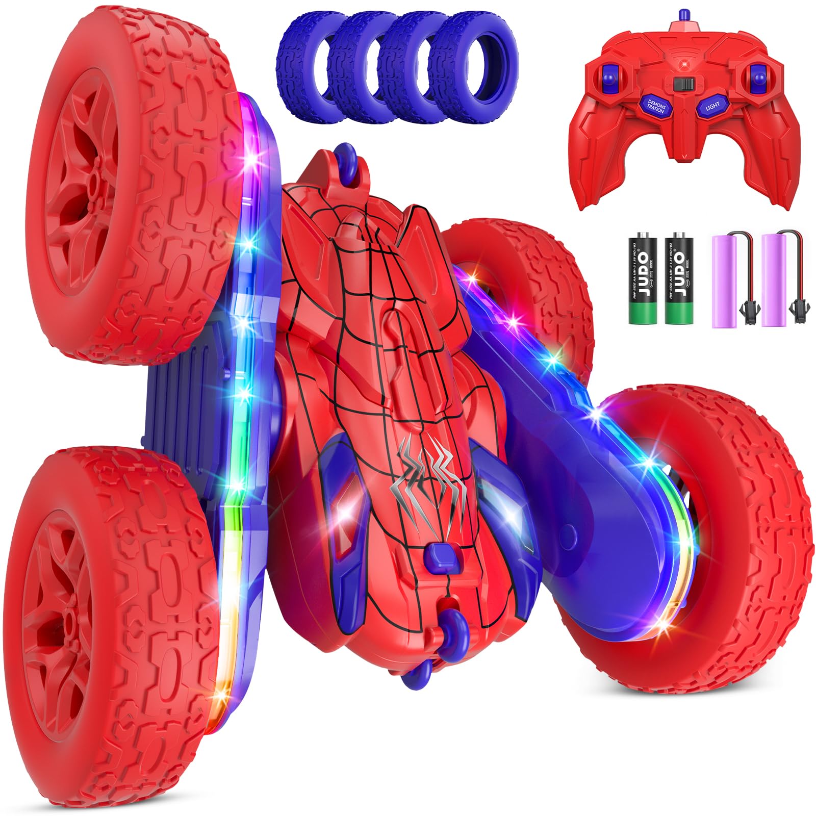 Jimdella Spider RC Car front view showing retro colors and LED lights for action.