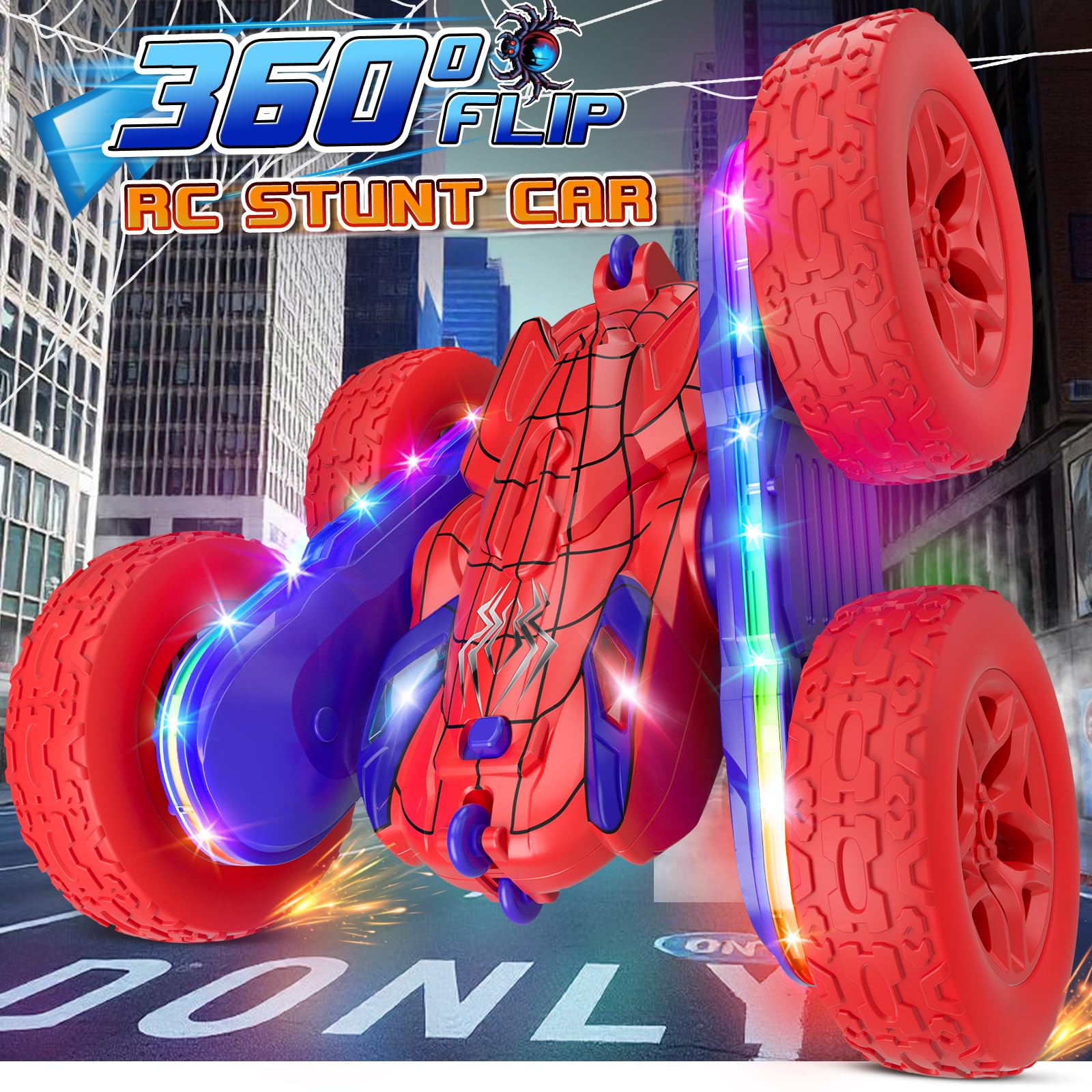 Jimdella Spider RC Car side view highlighting side LEDs for night play.