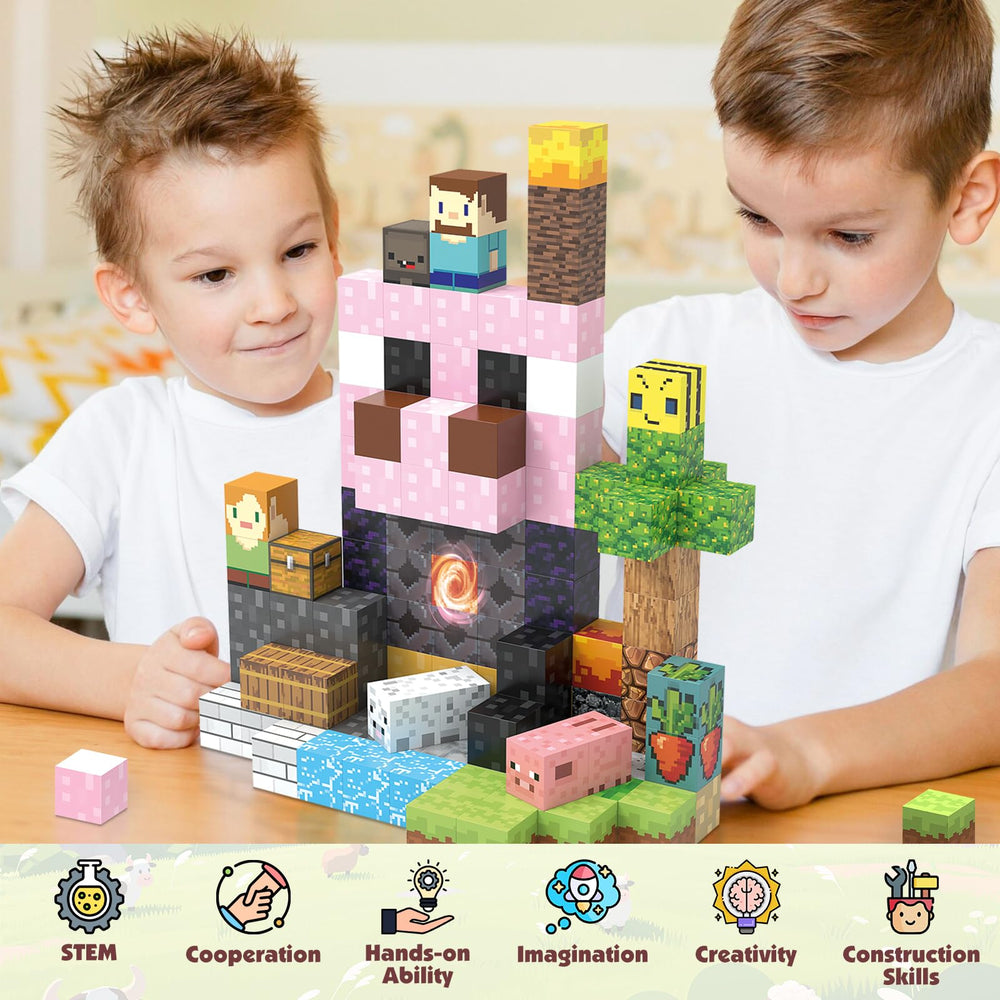 Kids building a tower with JIMI magnetic cubes to explore spatial reasoning