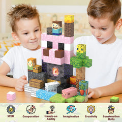 Kids building a tower with JIMI magnetic cubes to explore spatial reasoning
