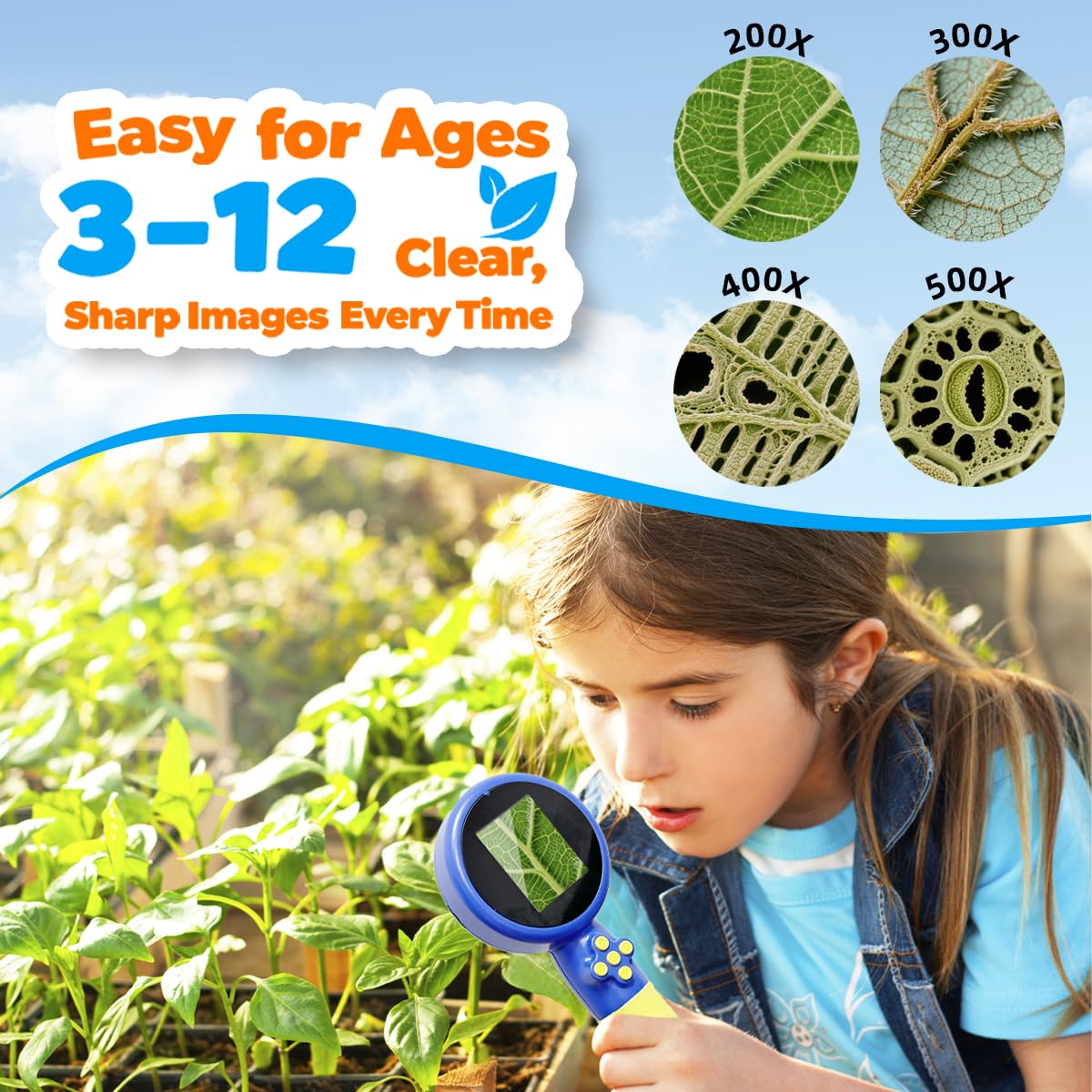JIMZOO Kids Microscope side view highlighting lightweight, kid-friendly grip