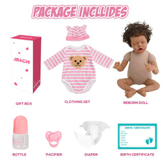 Jirachi baby doll set includes pacifier, feeding bottle, diaper, and birth card