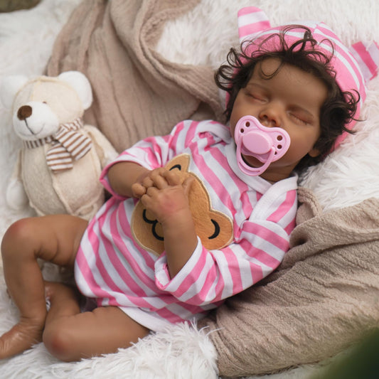 Jirachi 18-inch black reborn doll with hand-rooted curly hair for lifelike play