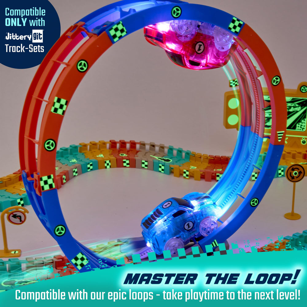 JitteryGit custom racing sets highlight looping twists and glowing action