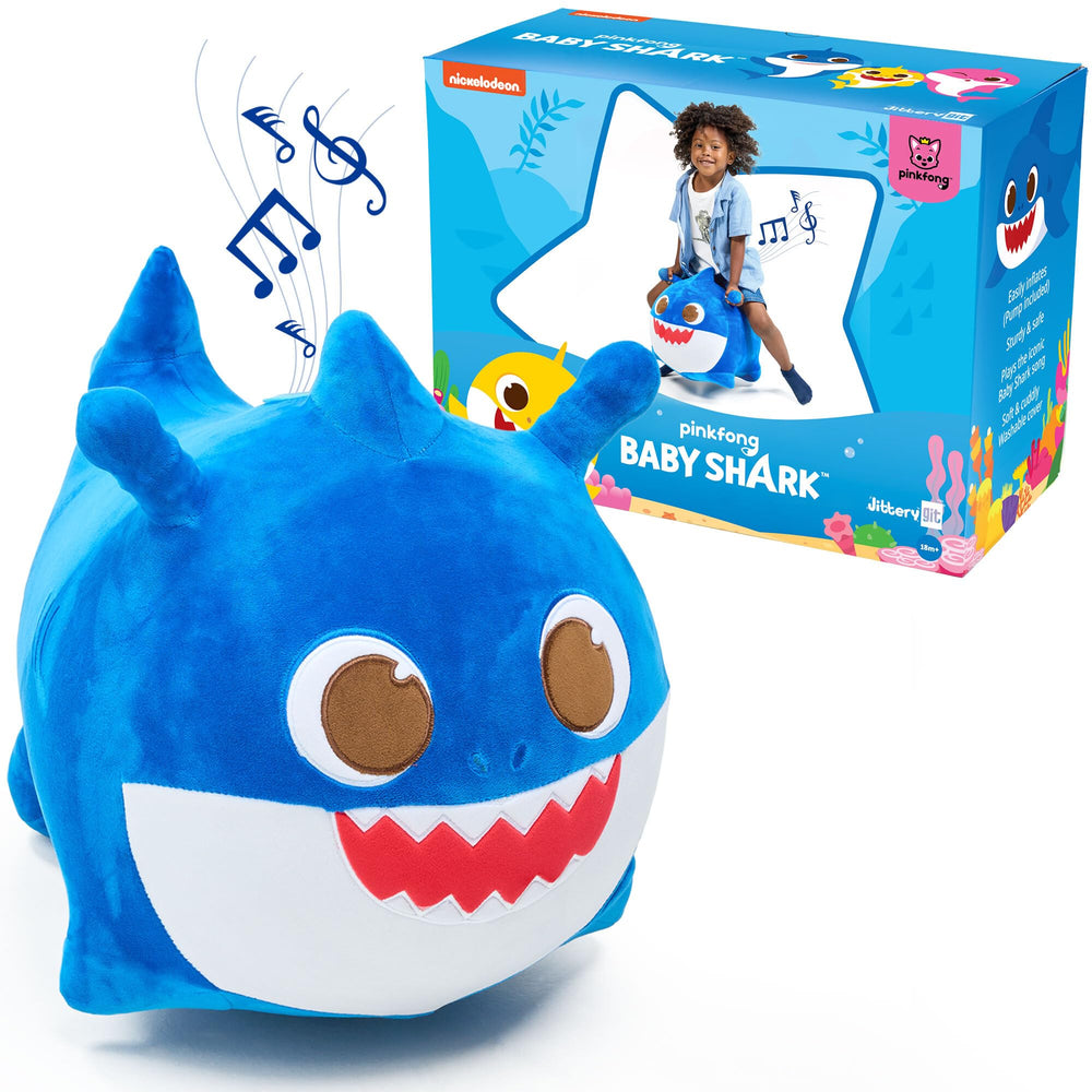 JITTERYGIT Daddy Shark bouncy plush with soft cover for indoor play.