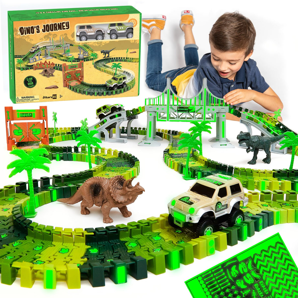 JITTERYGIT dinosaur race track glow setup for daytime and nighttime play.