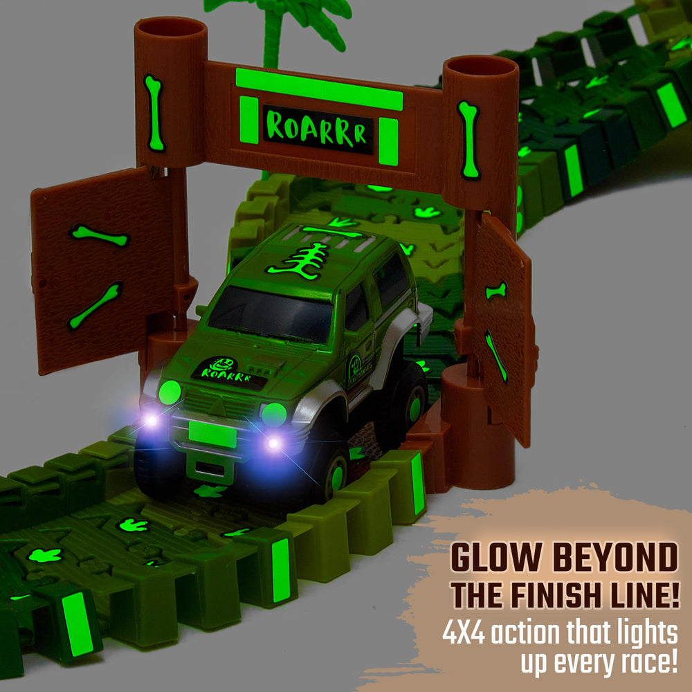 JITTERYGIT group-play-friendly dinosaur jeeps on a track for cooperative racing fun.