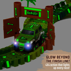 JITTERYGIT group-play-friendly dinosaur jeeps on a track for cooperative racing fun.
