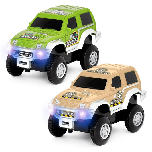 JITTERYGIT replacement cars for tracks: green and beige jeeps ready to race.