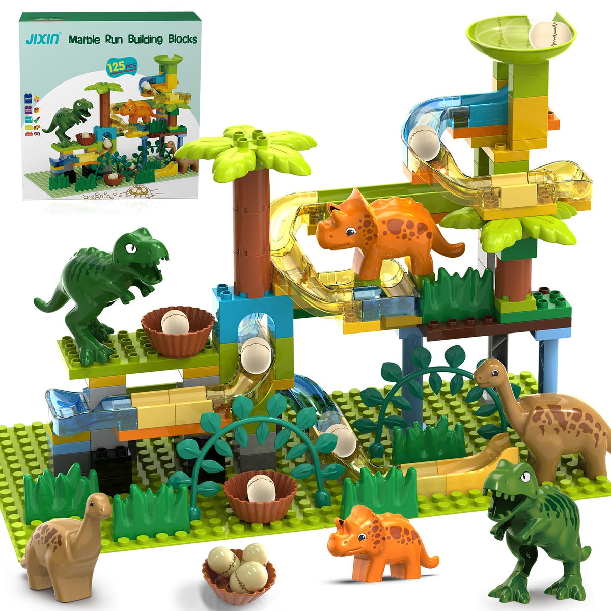 JIXIN Dinosaur Marble Run overview with 125 pieces for imaginative building sessions